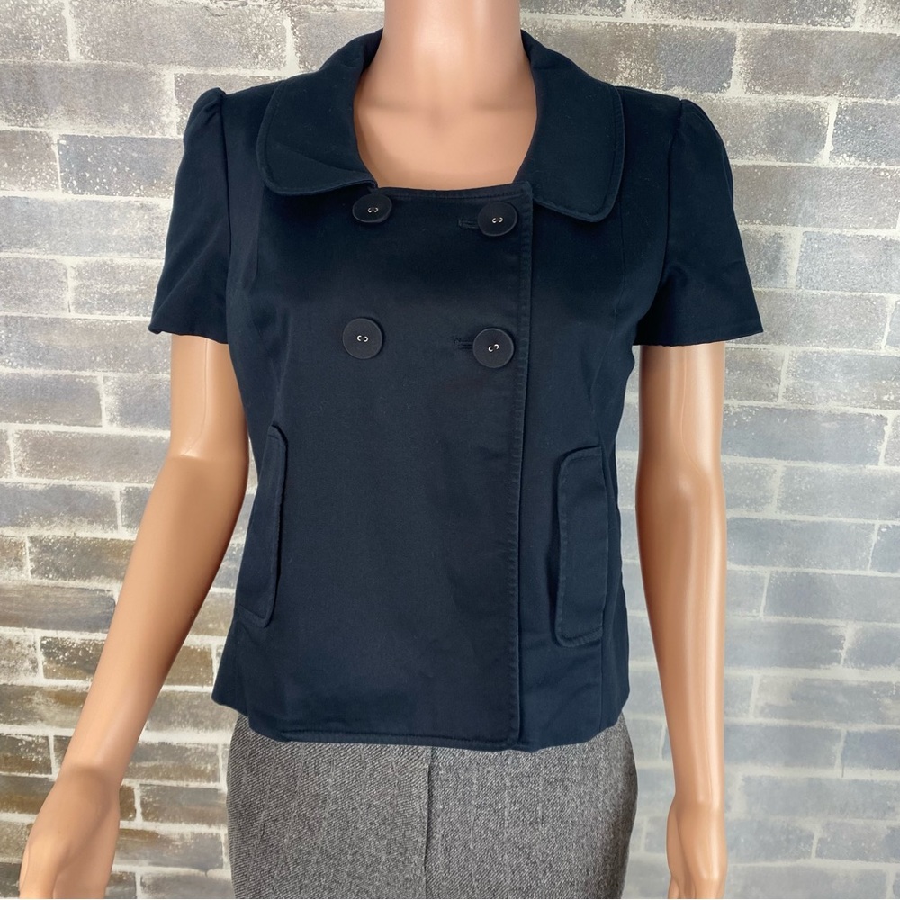Jet Black Short Sleeve Double Breasted Blazer with Pockets Size Small